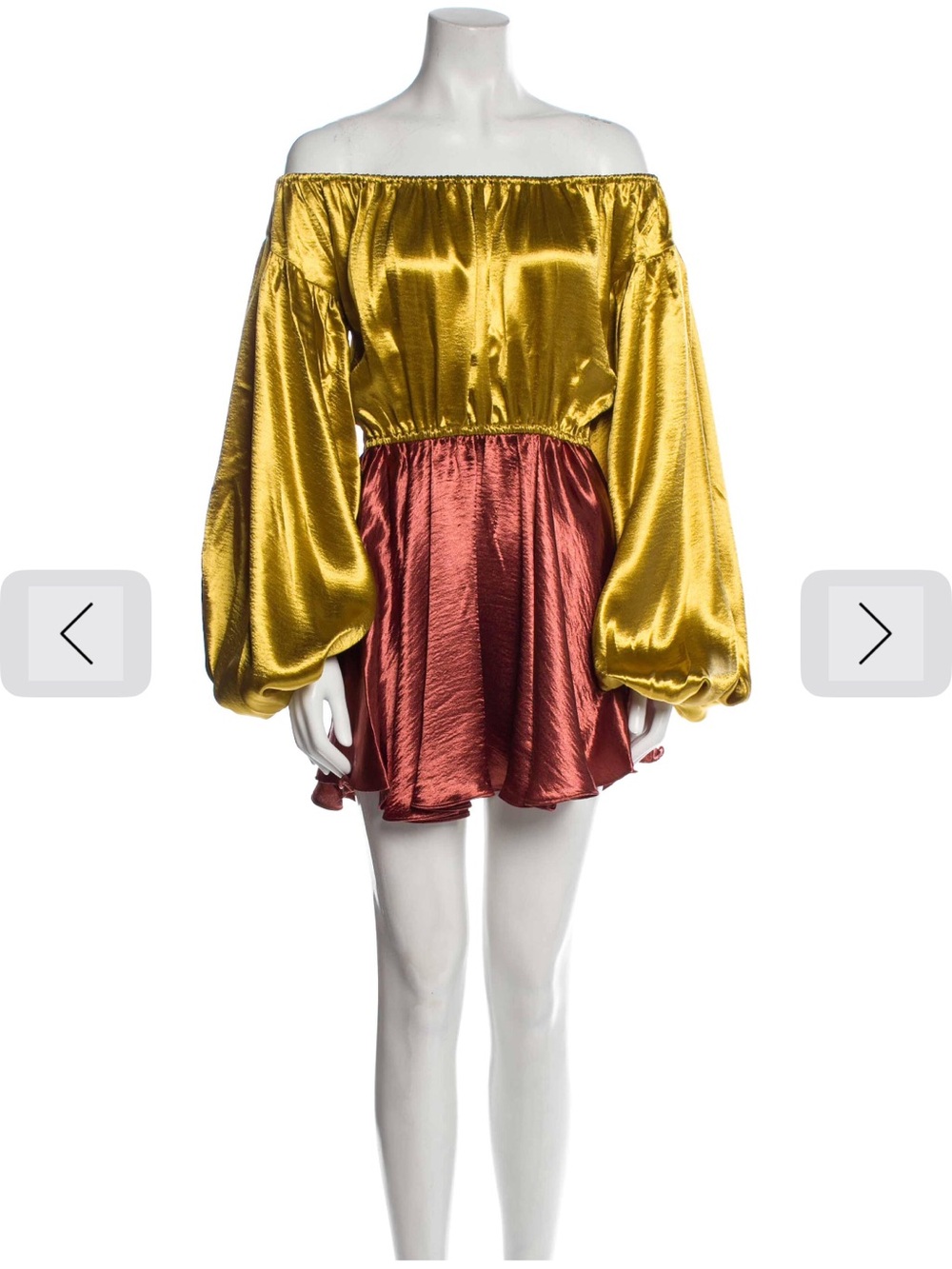 Caroline Constas Two-Tone Off-Shoulder Satin Dress in Gold and Rust